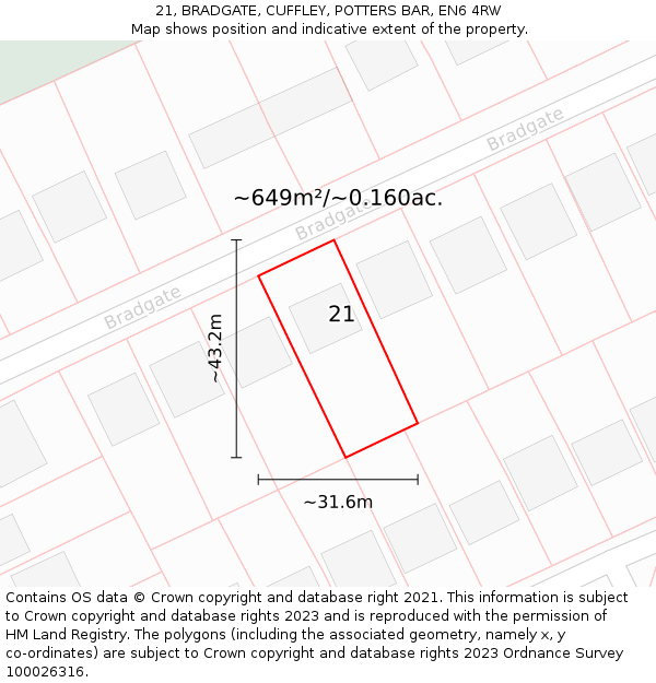 21, BRADGATE, CUFFLEY, POTTERS BAR, EN6 4RW: Plot and title map