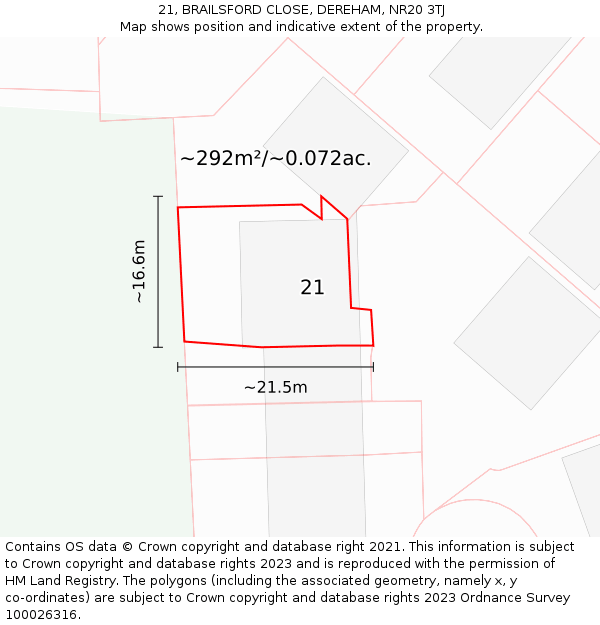 21, BRAILSFORD CLOSE, DEREHAM, NR20 3TJ: Plot and title map