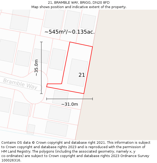 21, BRAMBLE WAY, BRIGG, DN20 8FD: Plot and title map