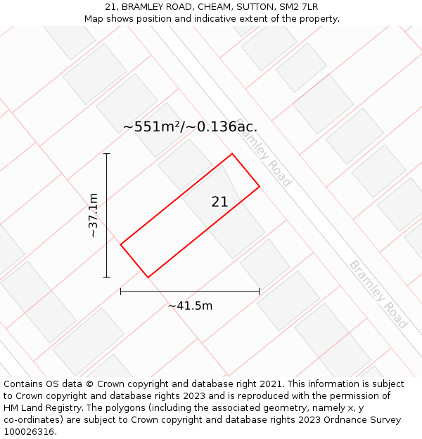 21, BRAMLEY ROAD, CHEAM, SUTTON, SM2 7LR: Plot and title map