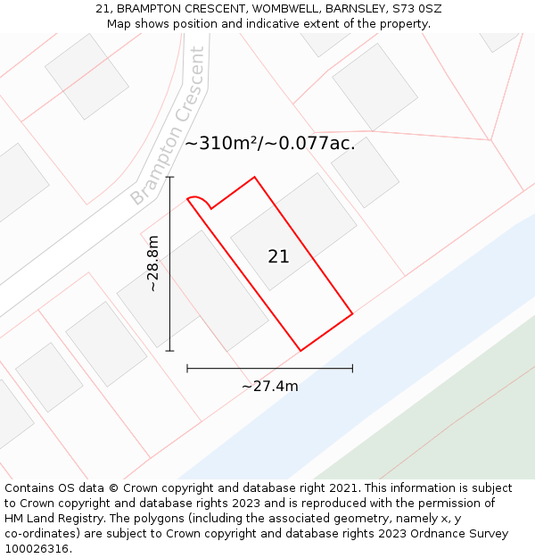21, BRAMPTON CRESCENT, WOMBWELL, BARNSLEY, S73 0SZ: Plot and title map