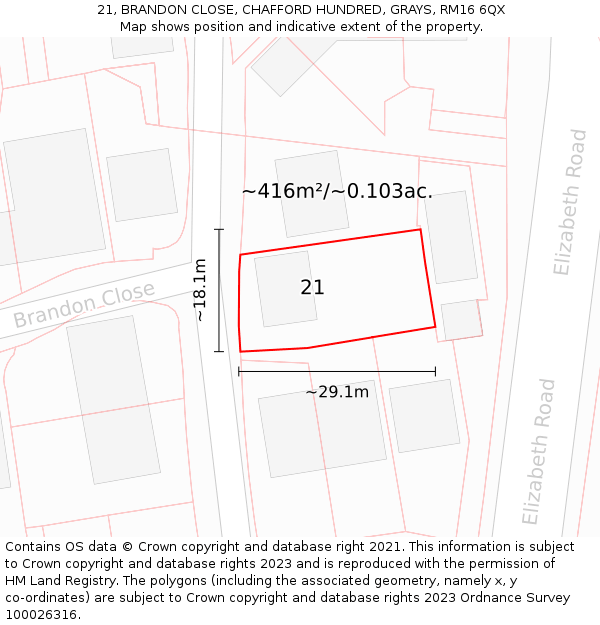 21, BRANDON CLOSE, CHAFFORD HUNDRED, GRAYS, RM16 6QX: Plot and title map