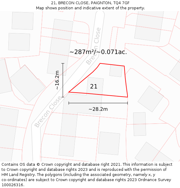 21, BRECON CLOSE, PAIGNTON, TQ4 7GF: Plot and title map