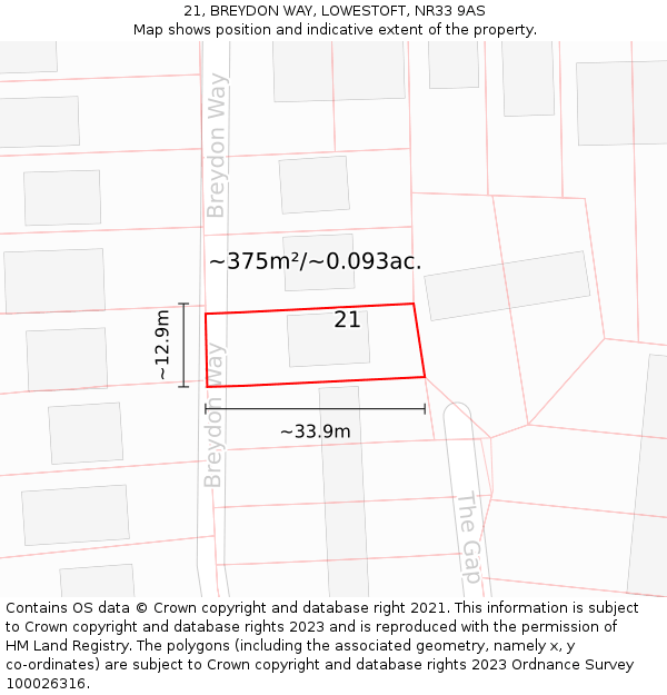 21, BREYDON WAY, LOWESTOFT, NR33 9AS: Plot and title map