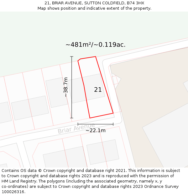 21, BRIAR AVENUE, SUTTON COLDFIELD, B74 3HX: Plot and title map