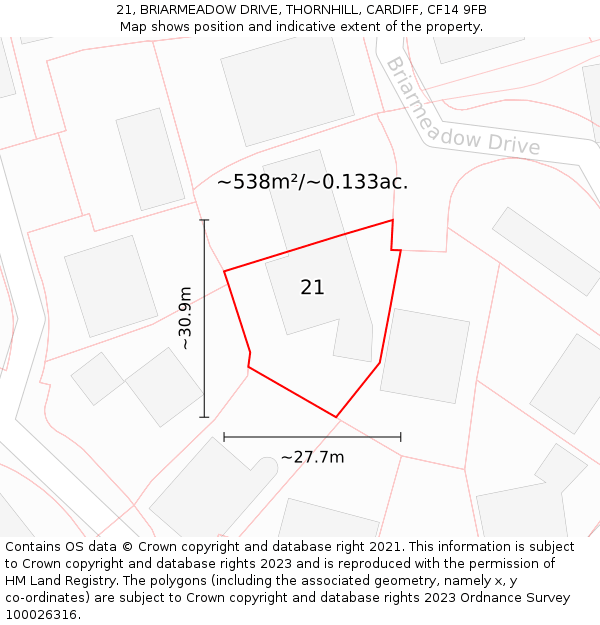 21, BRIARMEADOW DRIVE, THORNHILL, CARDIFF, CF14 9FB: Plot and title map