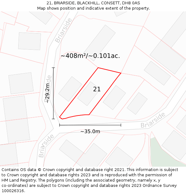 21, BRIARSIDE, BLACKHILL, CONSETT, DH8 0AS: Plot and title map