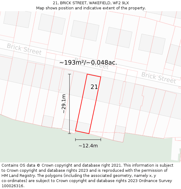 21, BRICK STREET, WAKEFIELD, WF2 9LX: Plot and title map