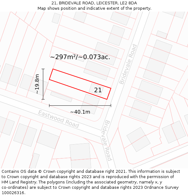 21, BRIDEVALE ROAD, LEICESTER, LE2 8DA: Plot and title map
