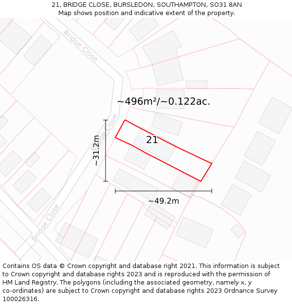 21, BRIDGE CLOSE, BURSLEDON, SOUTHAMPTON, SO31 8AN: Plot and title map