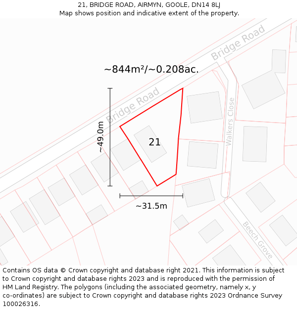21, BRIDGE ROAD, AIRMYN, GOOLE, DN14 8LJ: Plot and title map