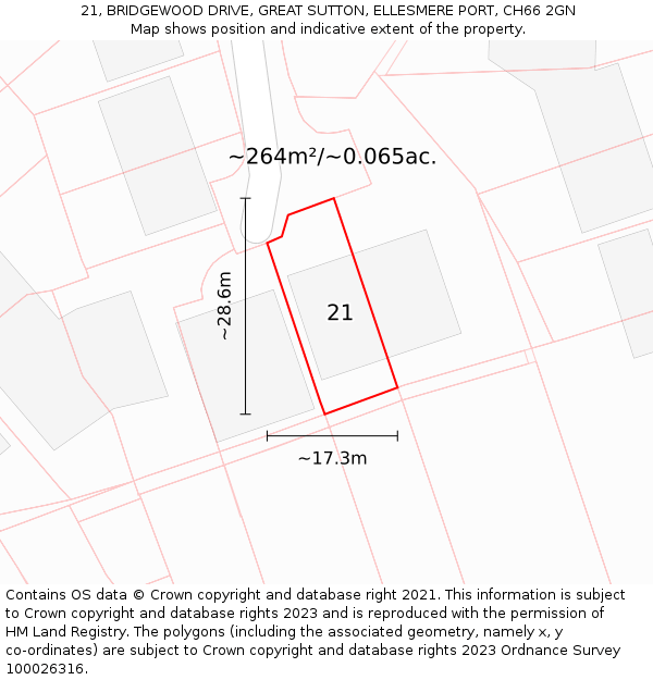 21, BRIDGEWOOD DRIVE, GREAT SUTTON, ELLESMERE PORT, CH66 2GN: Plot and title map