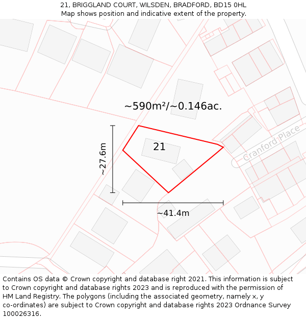 21, BRIGGLAND COURT, WILSDEN, BRADFORD, BD15 0HL: Plot and title map