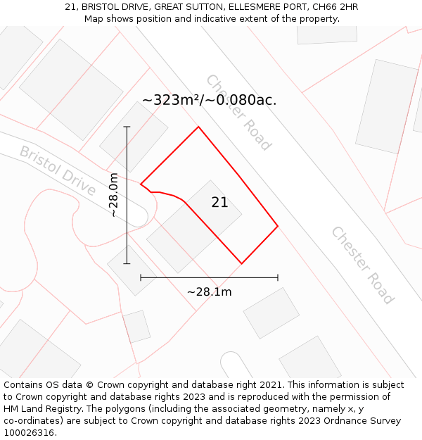 21, BRISTOL DRIVE, GREAT SUTTON, ELLESMERE PORT, CH66 2HR: Plot and title map