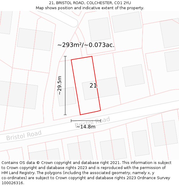 21, BRISTOL ROAD, COLCHESTER, CO1 2YU: Plot and title map