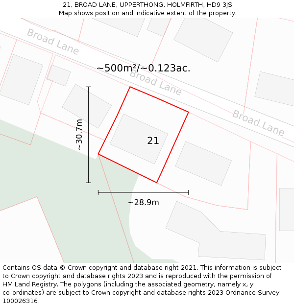 21, BROAD LANE, UPPERTHONG, HOLMFIRTH, HD9 3JS: Plot and title map