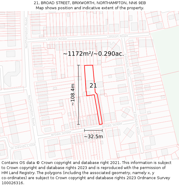 21, BROAD STREET, BRIXWORTH, NORTHAMPTON, NN6 9EB: Plot and title map