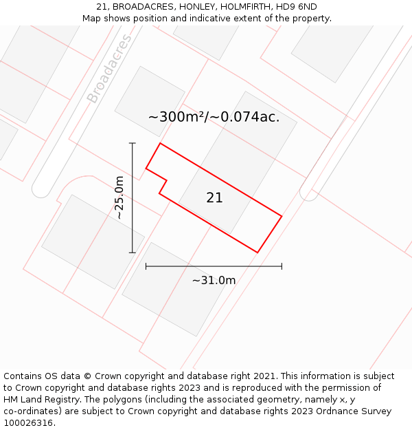 21, BROADACRES, HONLEY, HOLMFIRTH, HD9 6ND: Plot and title map