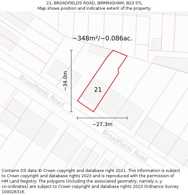 21, BROADFIELDS ROAD, BIRMINGHAM, B23 5TL: Plot and title map