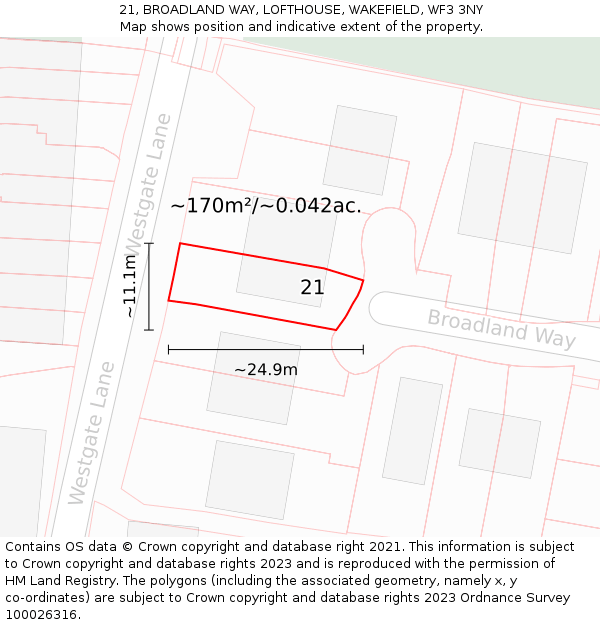 21, BROADLAND WAY, LOFTHOUSE, WAKEFIELD, WF3 3NY: Plot and title map
