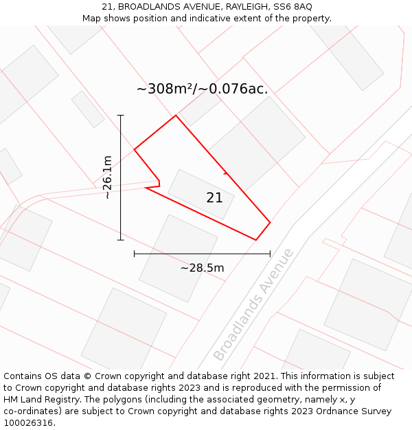 21, BROADLANDS AVENUE, RAYLEIGH, SS6 8AQ: Plot and title map