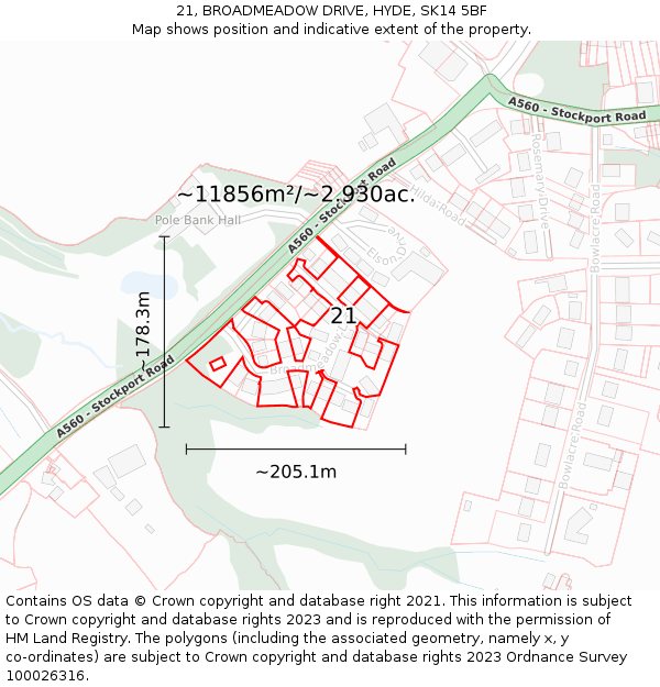 21, BROADMEADOW DRIVE, HYDE, SK14 5BF: Plot and title map