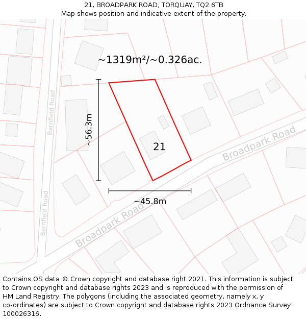 21, BROADPARK ROAD, TORQUAY, TQ2 6TB: Plot and title map