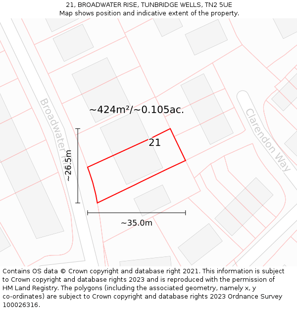21, BROADWATER RISE, TUNBRIDGE WELLS, TN2 5UE: Plot and title map