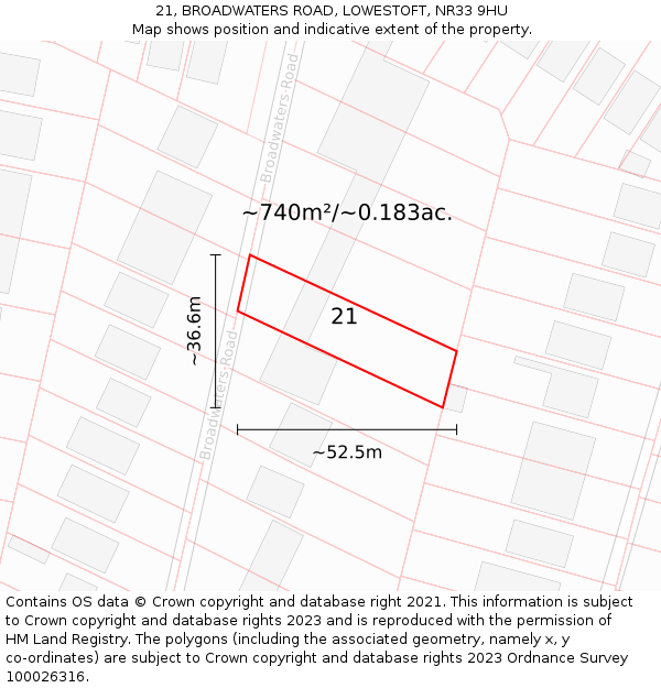 21, BROADWATERS ROAD, LOWESTOFT, NR33 9HU: Plot and title map