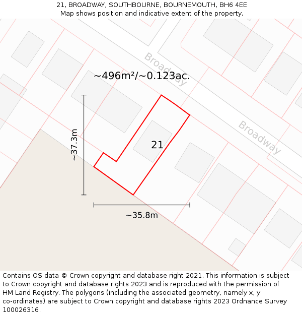 21, BROADWAY, SOUTHBOURNE, BOURNEMOUTH, BH6 4EE: Plot and title map