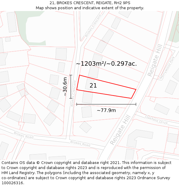 21, BROKES CRESCENT, REIGATE, RH2 9PS: Plot and title map