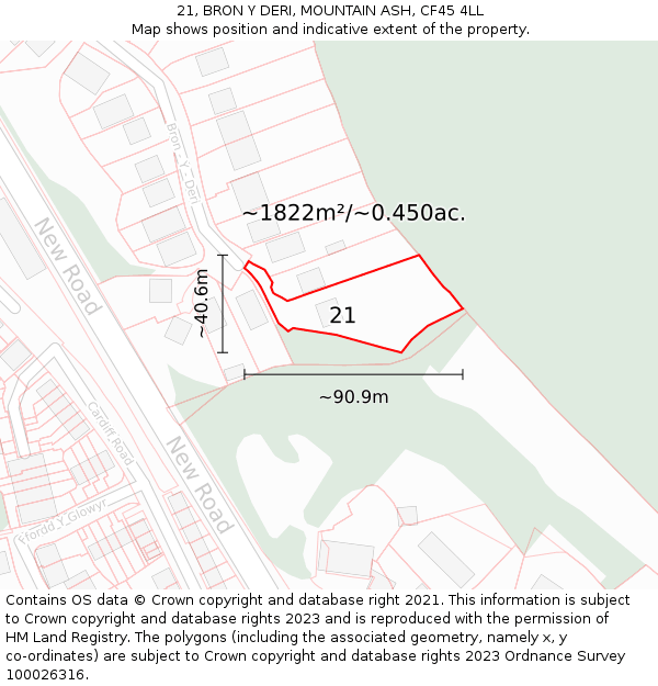 21, BRON Y DERI, MOUNTAIN ASH, CF45 4LL: Plot and title map