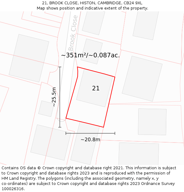 21, BROOK CLOSE, HISTON, CAMBRIDGE, CB24 9XL: Plot and title map