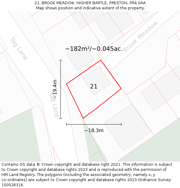 21, BROOK MEADOW, HIGHER BARTLE, PRESTON, PR4 0AA: Plot and title map