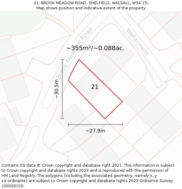 21, BROOK MEADOW ROAD, SHELFIELD, WALSALL, WS4 1TL: Plot and title map