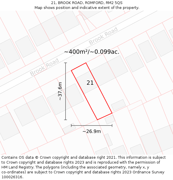 21, BROOK ROAD, ROMFORD, RM2 5QS: Plot and title map
