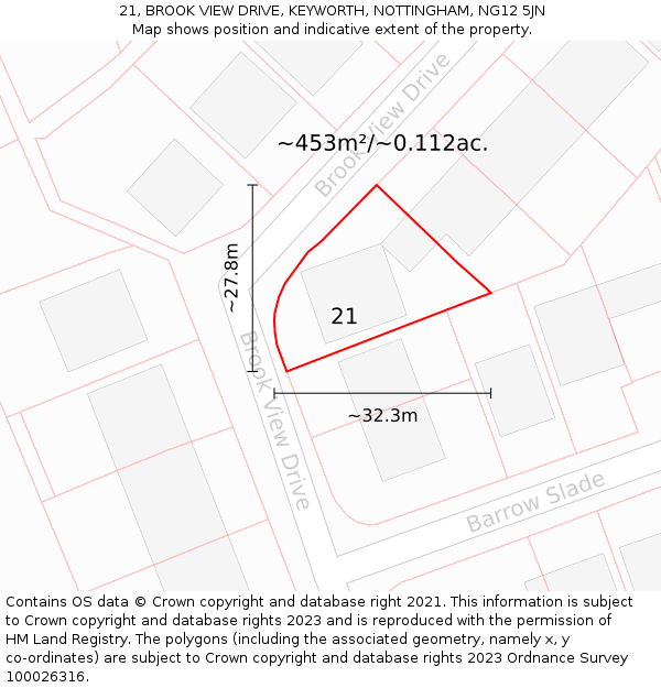 21, BROOK VIEW DRIVE, KEYWORTH, NOTTINGHAM, NG12 5JN: Plot and title map