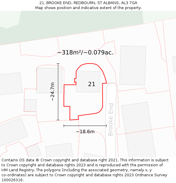 21, BROOKE END, REDBOURN, ST ALBANS, AL3 7GA: Plot and title map