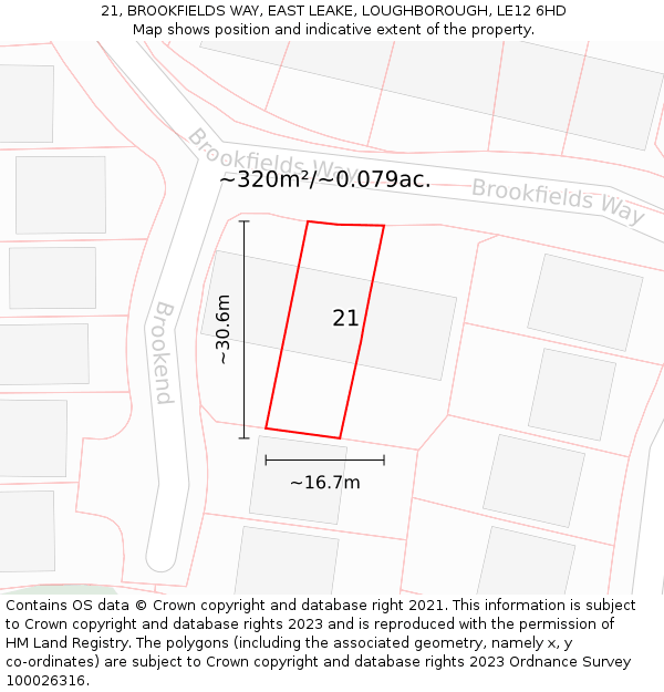 21, BROOKFIELDS WAY, EAST LEAKE, LOUGHBOROUGH, LE12 6HD: Plot and title map