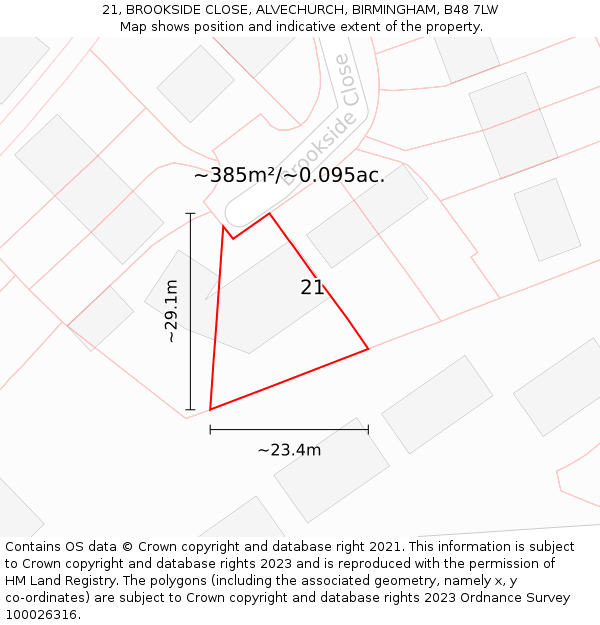 21, BROOKSIDE CLOSE, ALVECHURCH, BIRMINGHAM, B48 7LW: Plot and title map