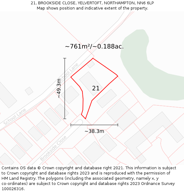 21, BROOKSIDE CLOSE, YELVERTOFT, NORTHAMPTON, NN6 6LP: Plot and title map