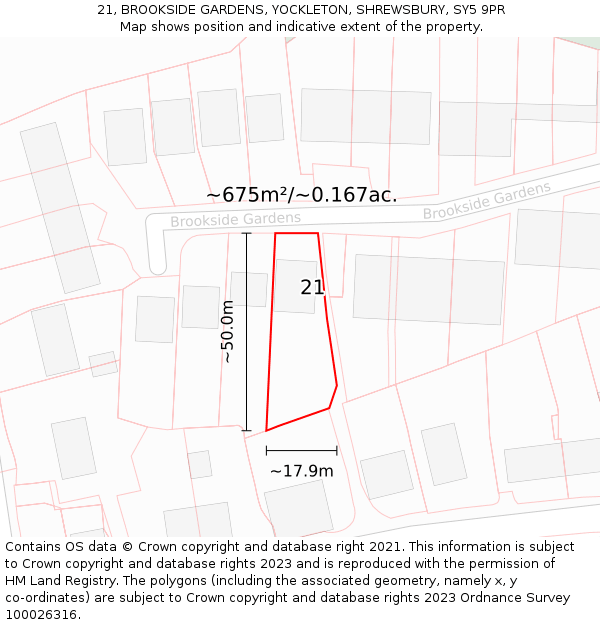 21, BROOKSIDE GARDENS, YOCKLETON, SHREWSBURY, SY5 9PR: Plot and title map