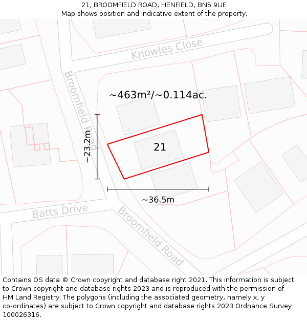 21, BROOMFIELD ROAD, HENFIELD, BN5 9UE: Plot and title map