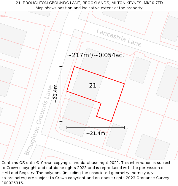 21, BROUGHTON GROUNDS LANE, BROOKLANDS, MILTON KEYNES, MK10 7FD: Plot and title map