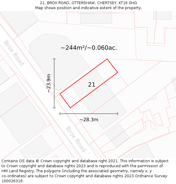21, BROX ROAD, OTTERSHAW, CHERTSEY, KT16 0HG: Plot and title map