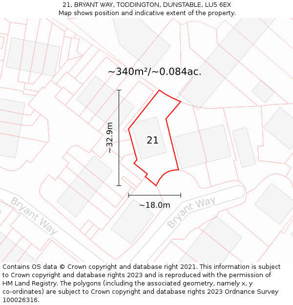 21, BRYANT WAY, TODDINGTON, DUNSTABLE, LU5 6EX: Plot and title map