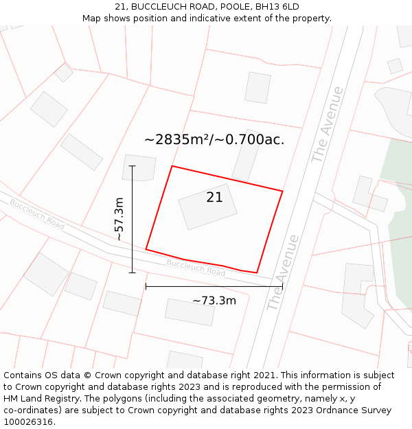 21, BUCCLEUCH ROAD, POOLE, BH13 6LD: Plot and title map
