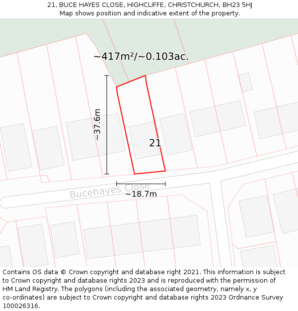 21, BUCE HAYES CLOSE, HIGHCLIFFE, CHRISTCHURCH, BH23 5HJ: Plot and title map