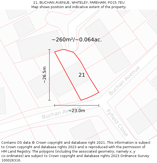 21, BUCHAN AVENUE, WHITELEY, FAREHAM, PO15 7EU: Plot and title map