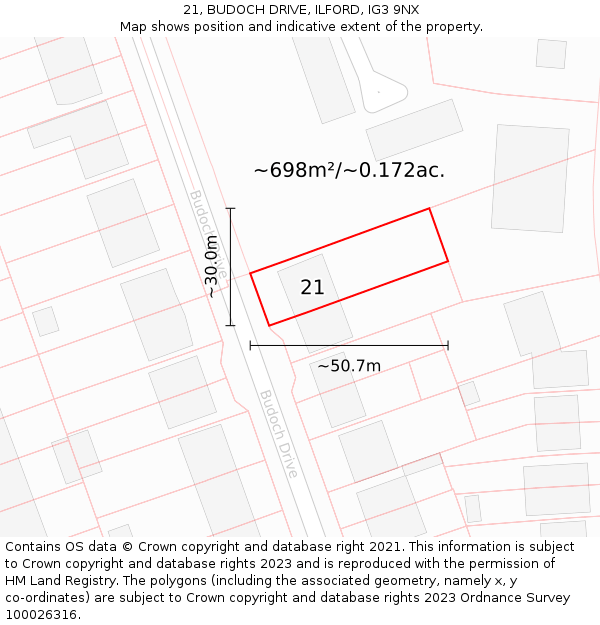 21, BUDOCH DRIVE, ILFORD, IG3 9NX: Plot and title map